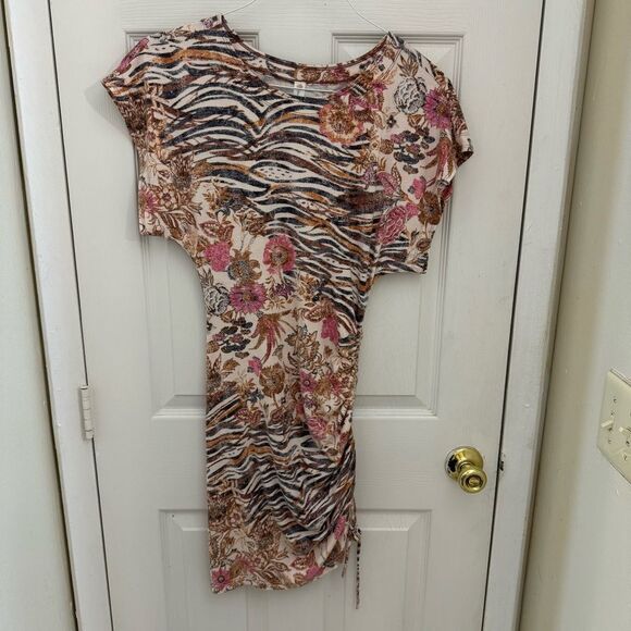 Anthropologie Daily Practice Ruched Mini Dress Size XS Floral Animal Print Boho - Picture 1 of 5